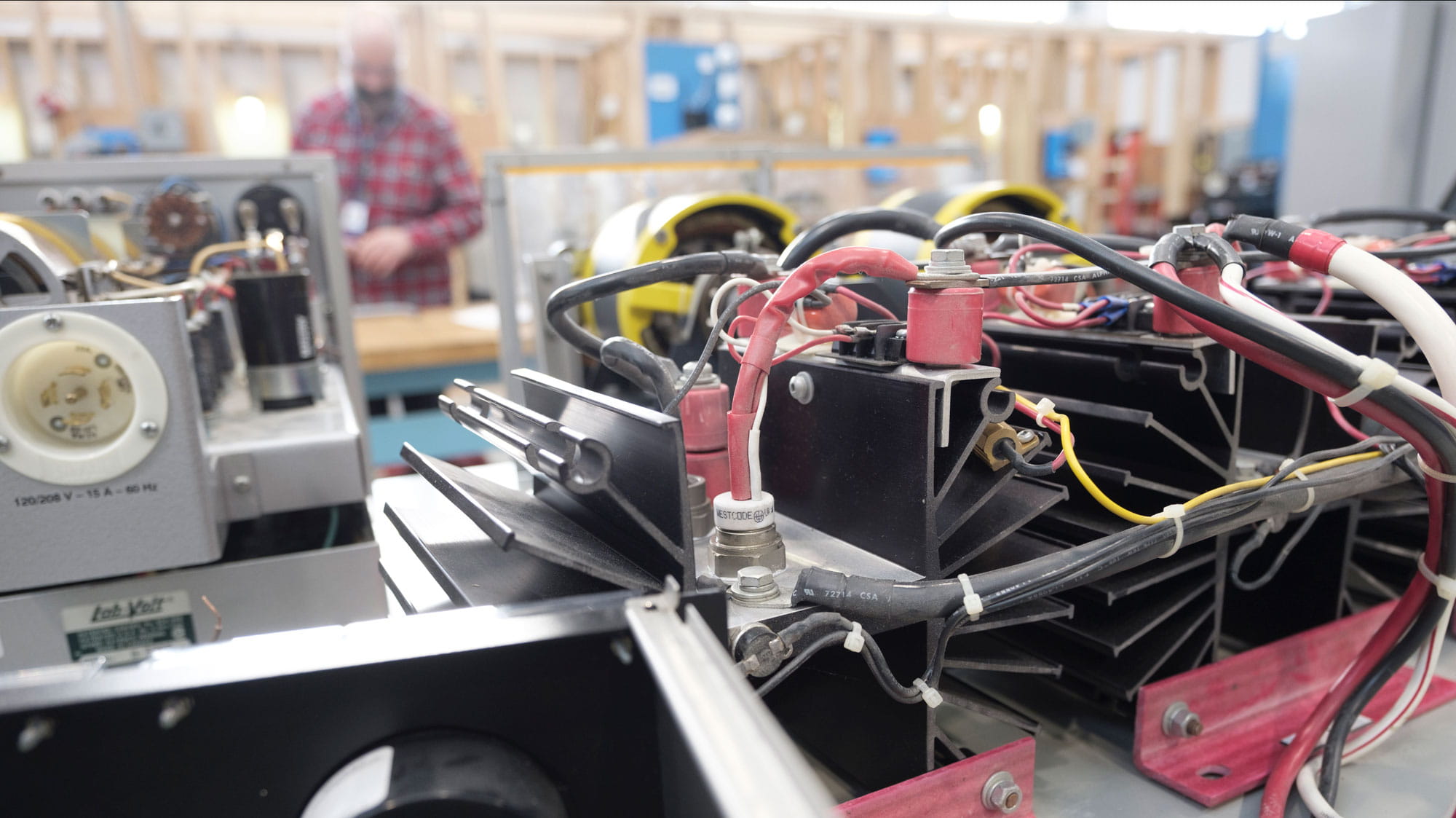 Electrical cables on a table in a workshop