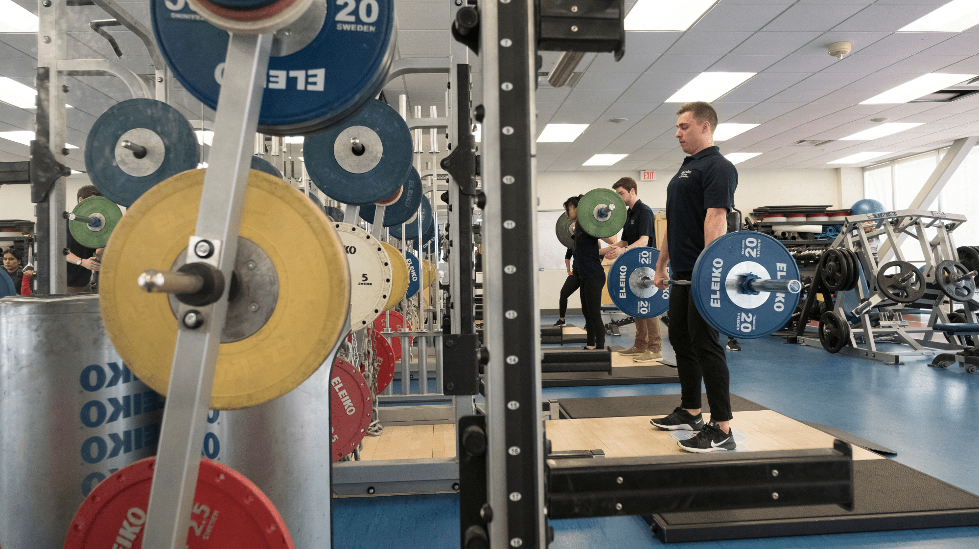 Students lifting large weights in the Athletic Complex at Sheridan's Davis Campus