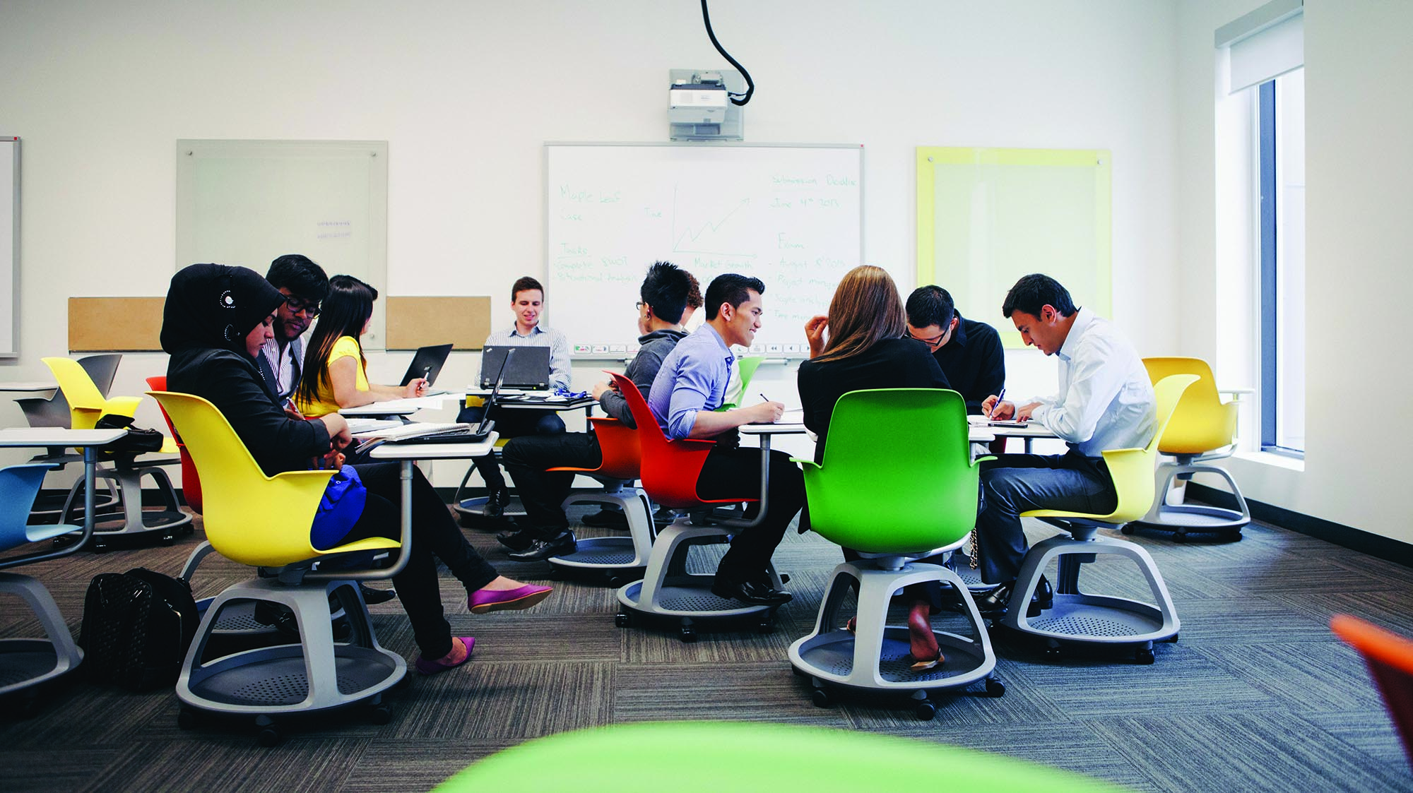 Students sitting on brightly coloured chairs in the Faculty Collaboratory