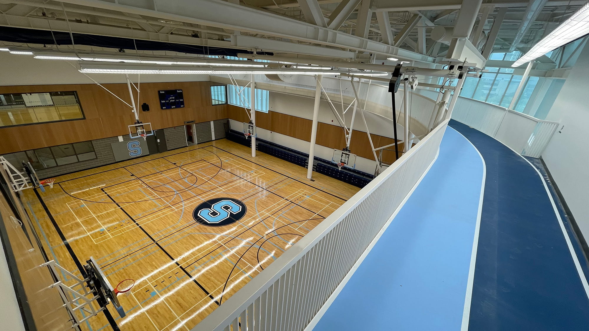 Elevated running track and gymnasium at Hazel McCallion Campus' Student Centre