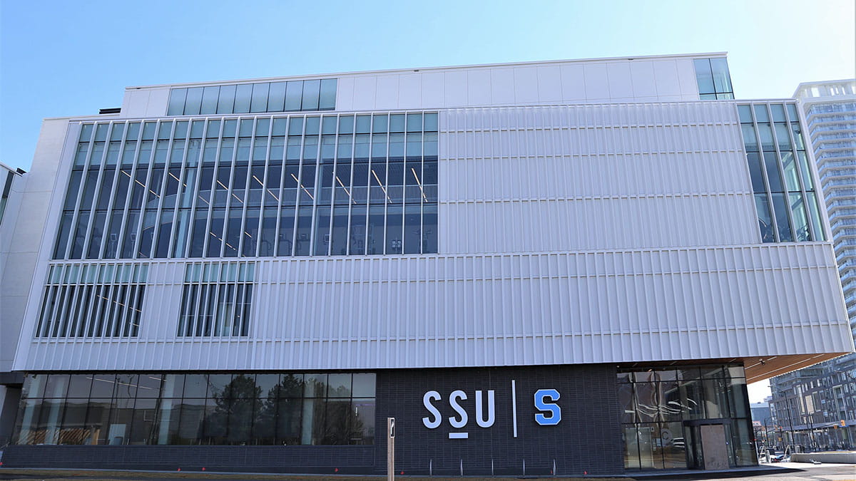 An exterior shot of the Student Centre at Hazel McCallion Campus, looking at the front of the building.