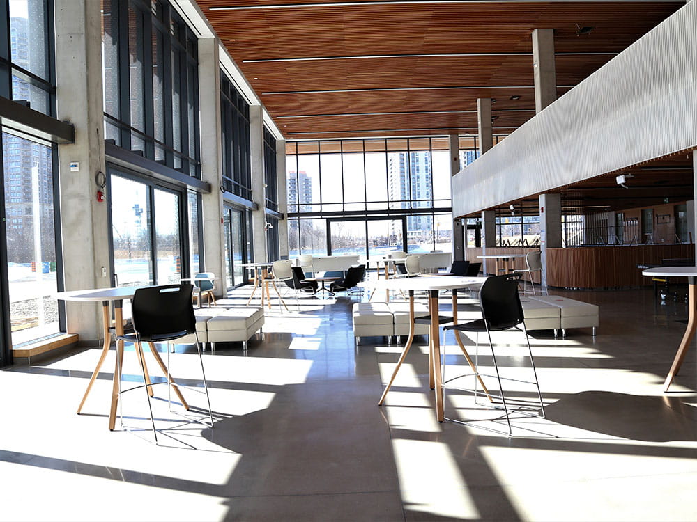 A long shot of the main lounge in the Student Centre at Hazel McCallion Campus.