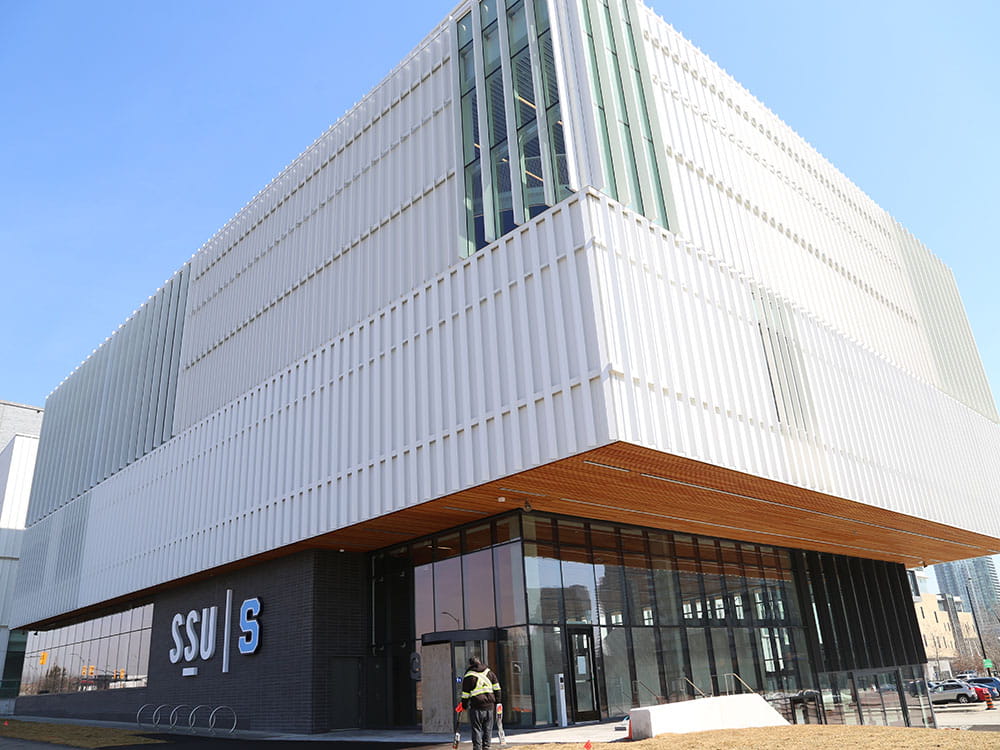 An exterior shot of the Student Centre at Hazel McCallion Campus, viewed from the corner.
