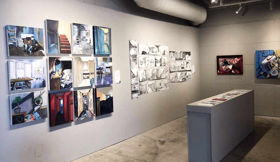 Various artworks hanging on the AA Gallery walls. 