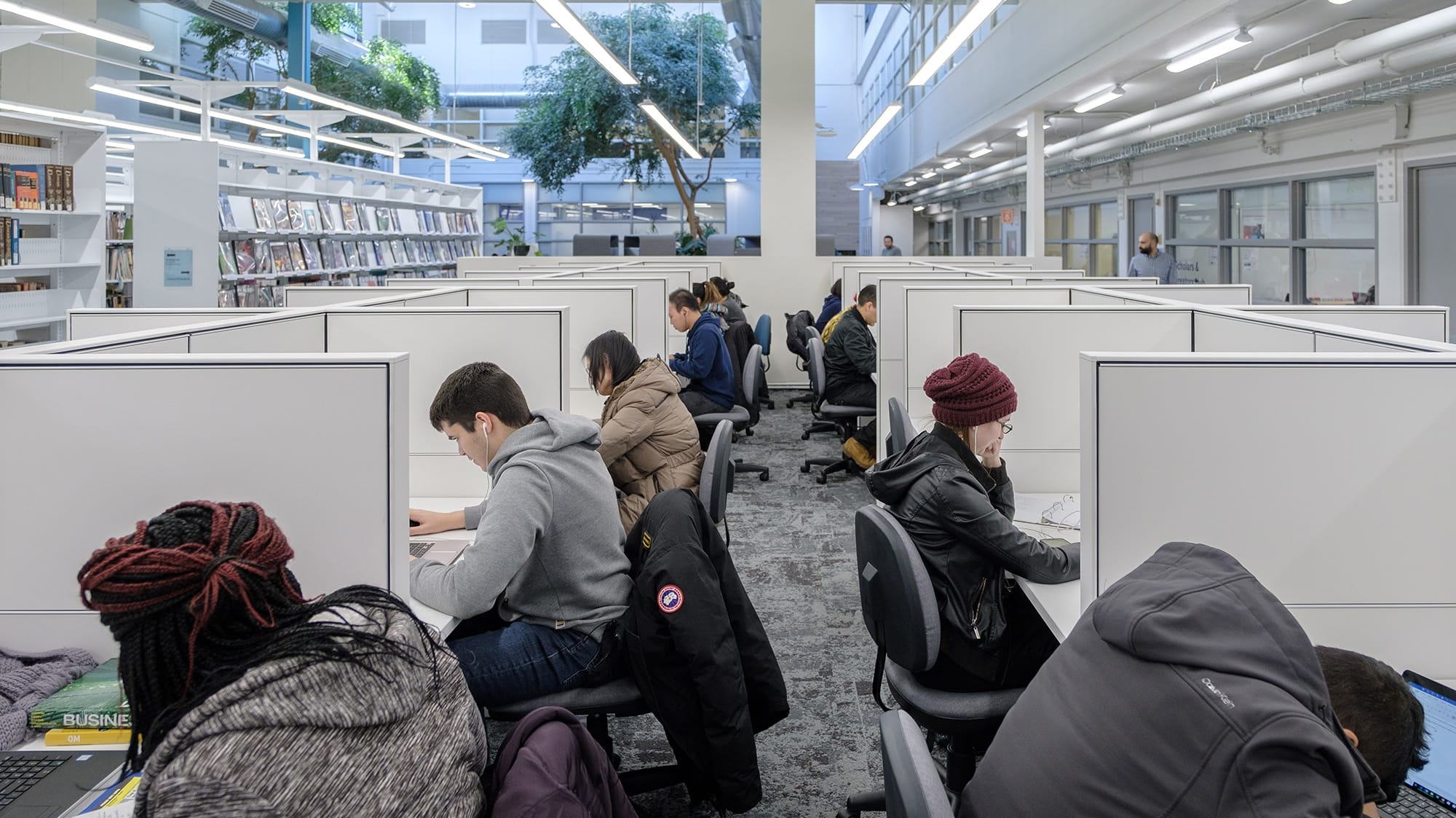 Students working at semi-private desk spaces in the library