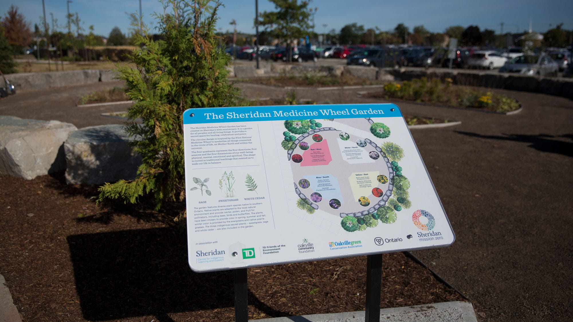 A sign in front of the Medicine Wheel Garden at Sheridan's Trafalgar Campus, with information about the garden