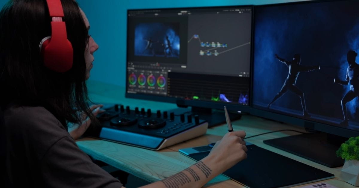 A person viewing two computer monitors