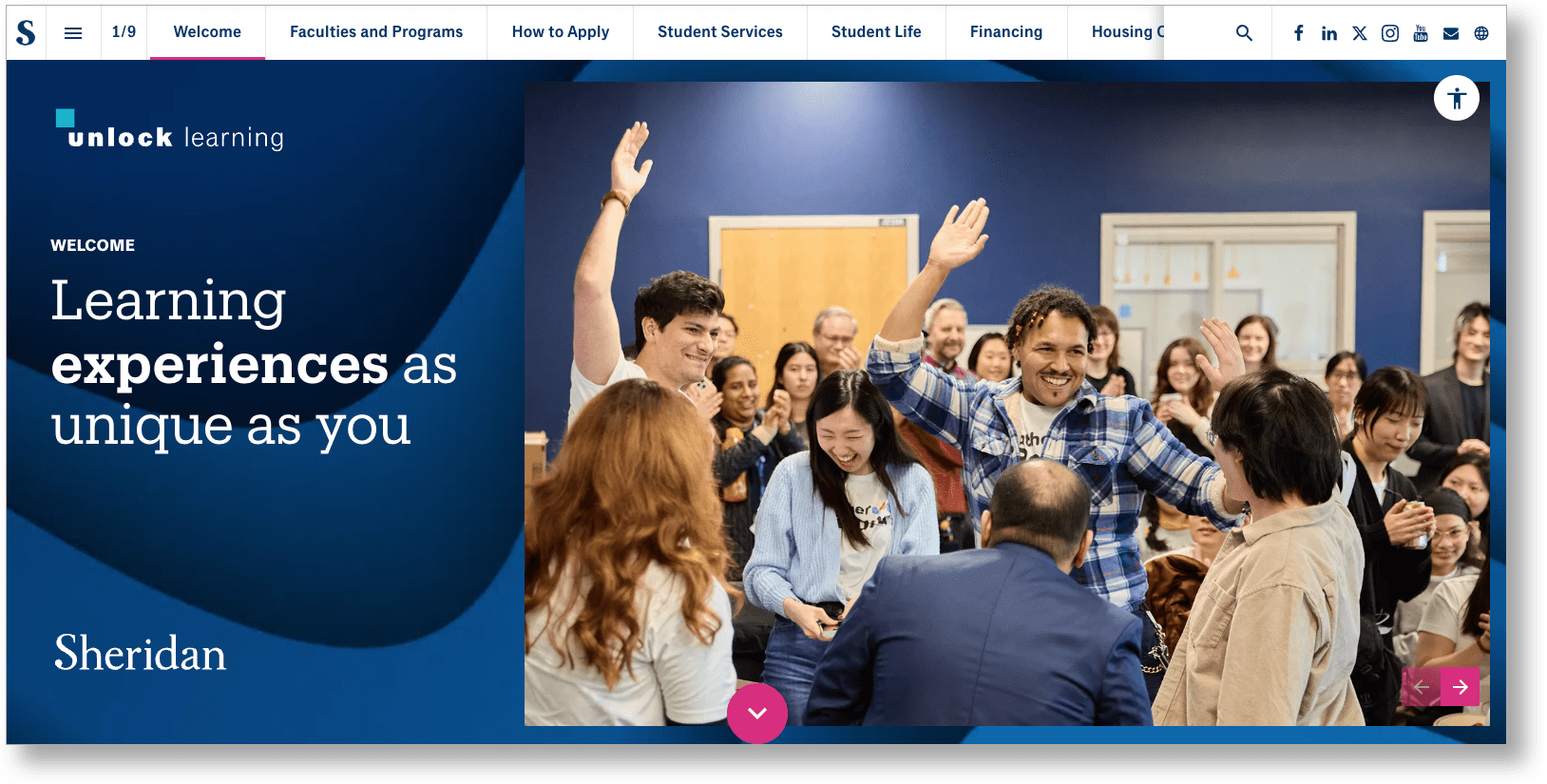 unlock learning | WELCOME | Learning experiences as unique as you | Person in a crowd giving a high five | Sheridan logo