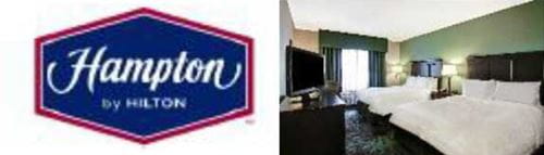 Hampton by Hilton logo and hotel room