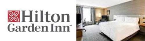 Hilton Garden Inn logo and hotel room