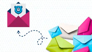 A dotted line from a pile of coloured envelopes pointing to a Bruin sticking out of a pink envelope