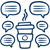 Coffee cup surrounded by speech bubbles