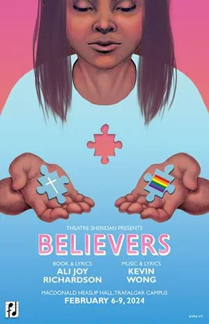 Person with a missing puzzle piece in their chest holds a puzzle piece in each hand - one displaying a cross and one displaying a rainbow