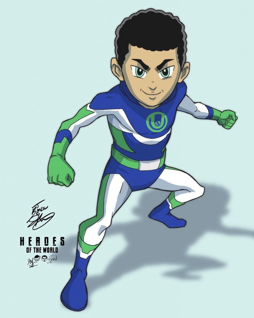 Superhero in a blue, white and green outfit