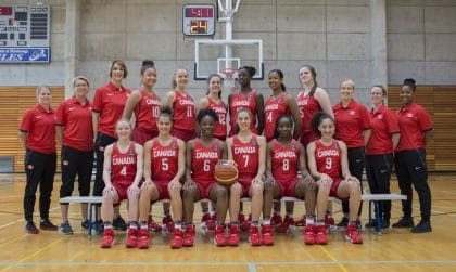 Michelle Bell (far right) with one of Canada Basketball's women's teams.