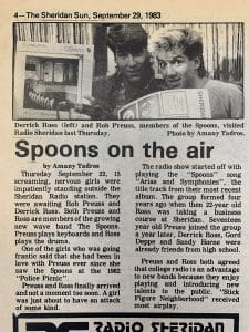 Spoons article shown in the Sheridan Sun – Sept. 29, 1983