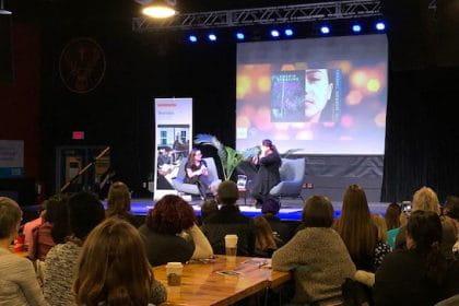 Cherie Dimaline and Liz Howard on stage at a Sheridan event