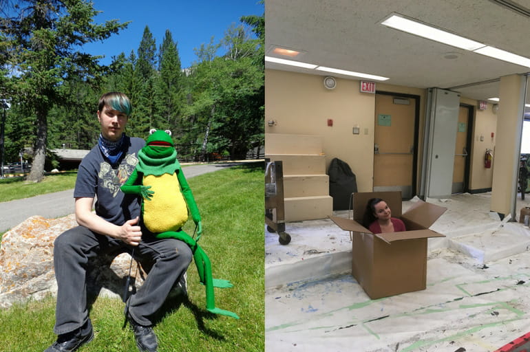 Tomas Hiesler with a puppet made during his practicum and Amanda-Lee Jull in the Painting Studio