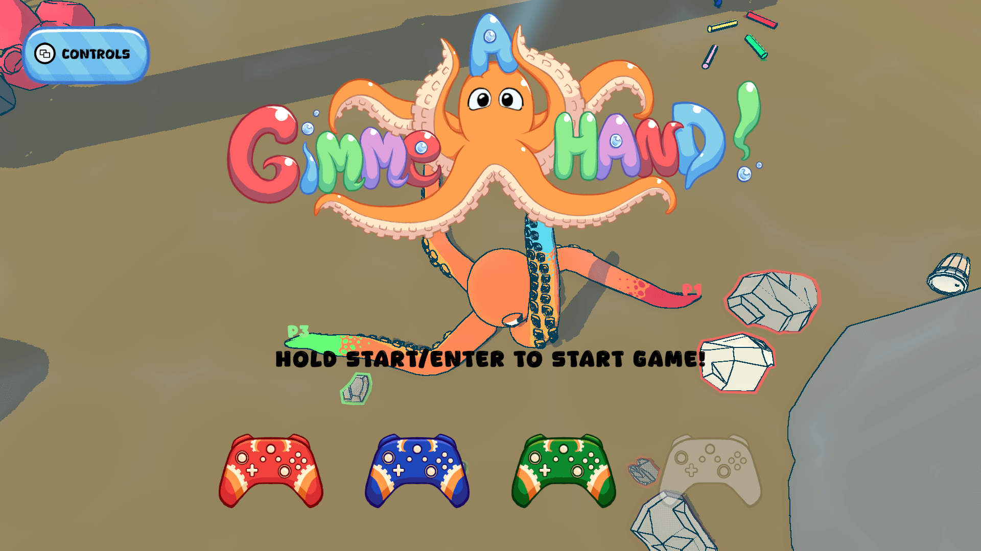 A screenshot of the start screen in the Gimme A Hand! video game