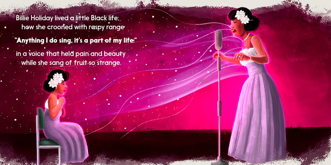 Illustration of Billie Holiday singing on stage to a seated reflection of herself