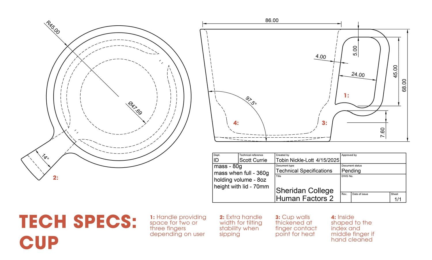 A document detailing technical specifications of Tobin Nickle-Lott's cup design