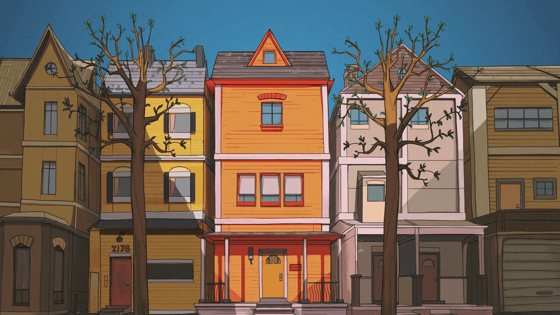 An animated drawing of a row of colourful houses.
