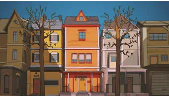 An animated drawing of a row of colourful houses.