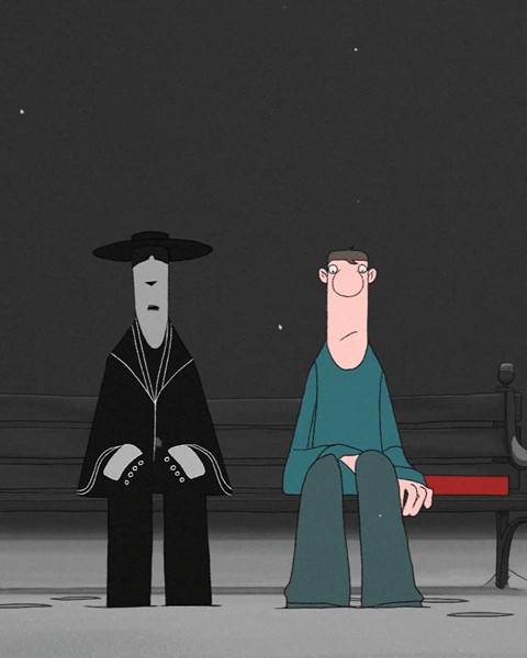 An animated image of two men sitting on a bench in the darkness.