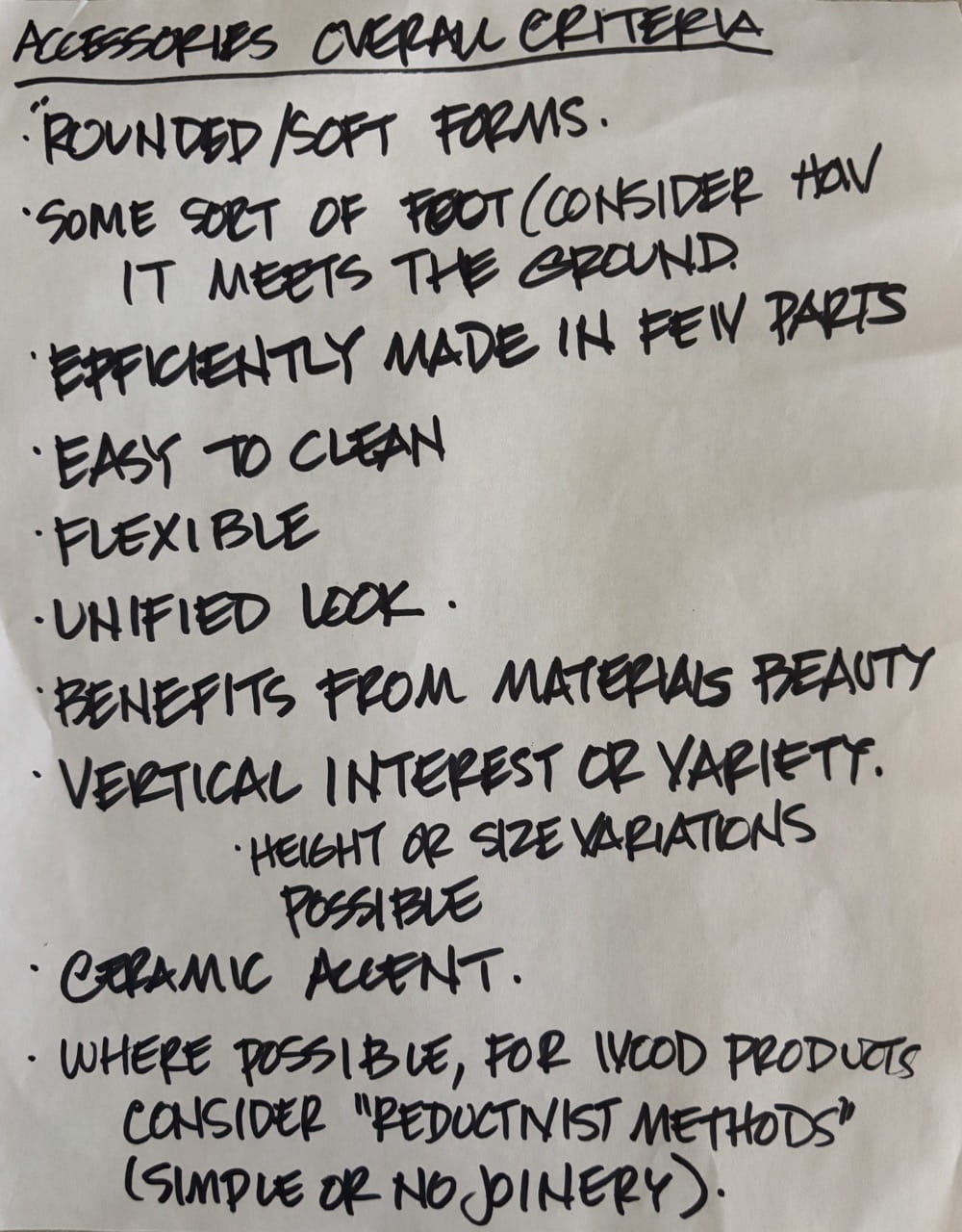 A list of notes about criteria for the student design project. With a compressed time line, working within tight project constraints was essential.