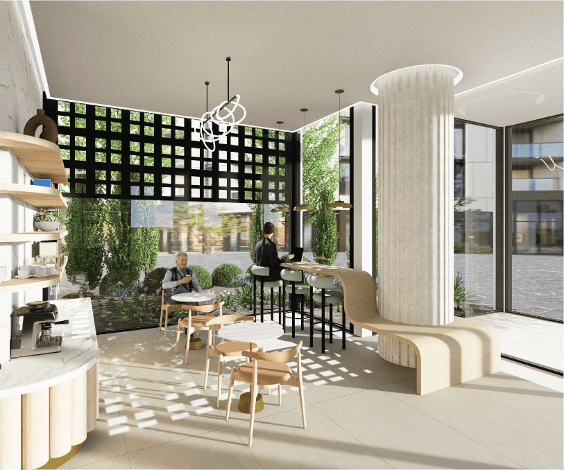 'Crossroads' is a design reimagining a condo lobby as a dynamic community hub featuring an AI-powered digital light wall, flexible seating options and an inviting cafe