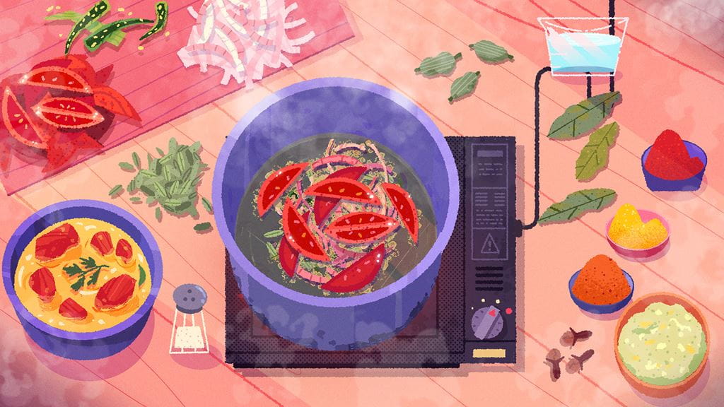 Video game screenshot of pot cooking on hotplate with dishes of ingredients on the counter surrounding it