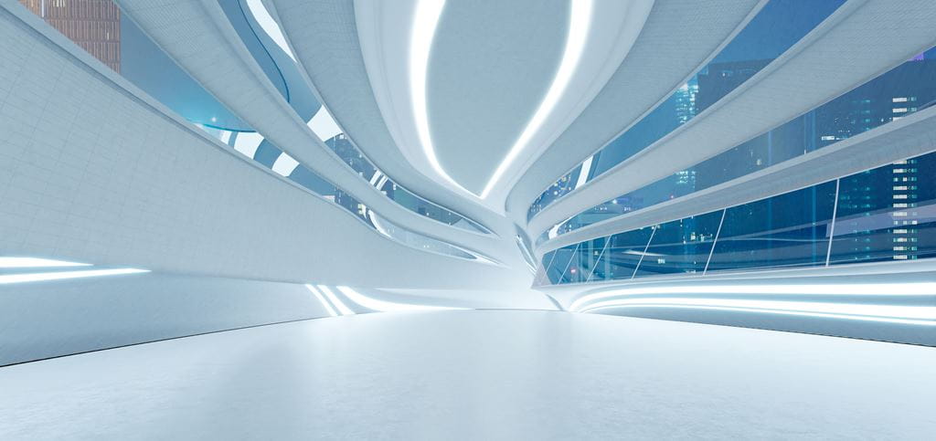An abstract blue and white glass design.