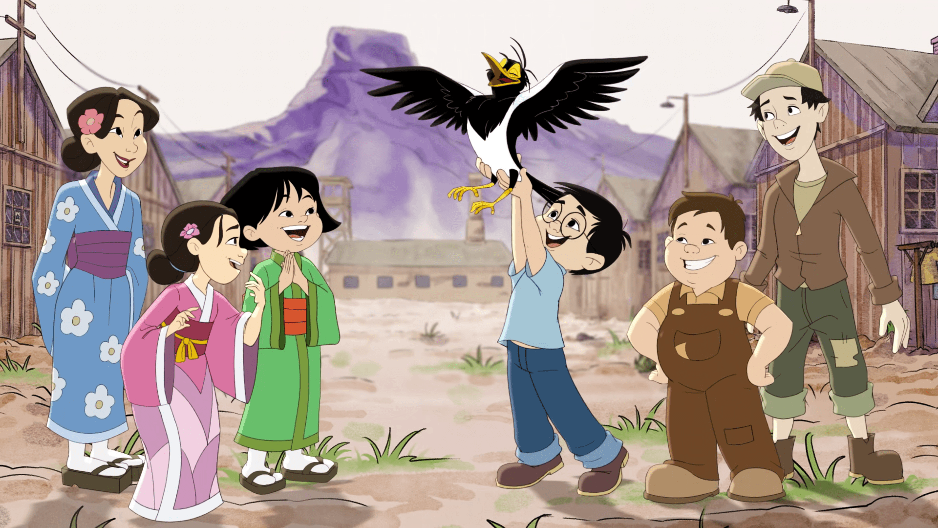 A still from the Hello Maggie animated film in which the main character holds his magpie while surrounded by other people