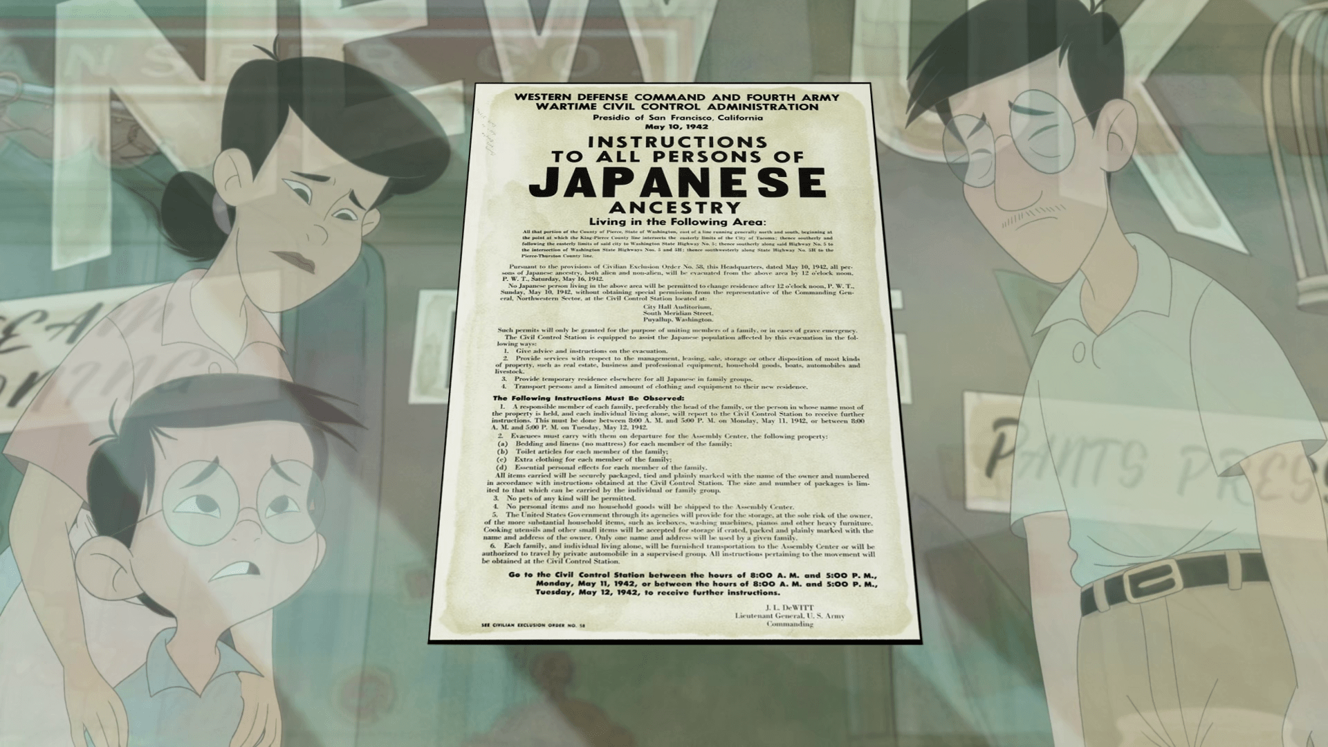 A still from the Hello Maggie animated film in which a Japanese family sadly looks at an announcement that they must leave their home