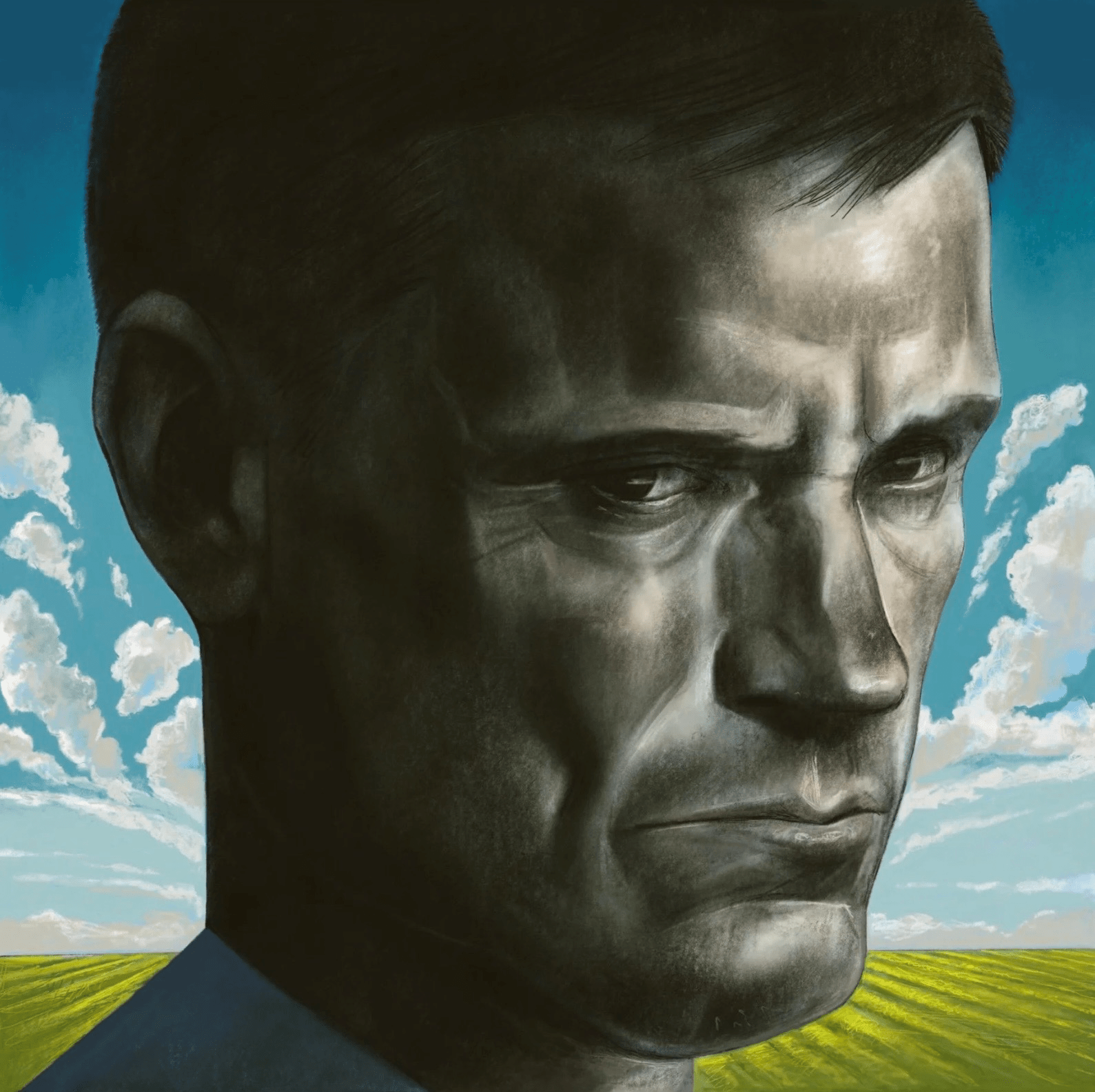 Portrait illustration of Ben Navarro with a serious expression against a bright sky and field background.