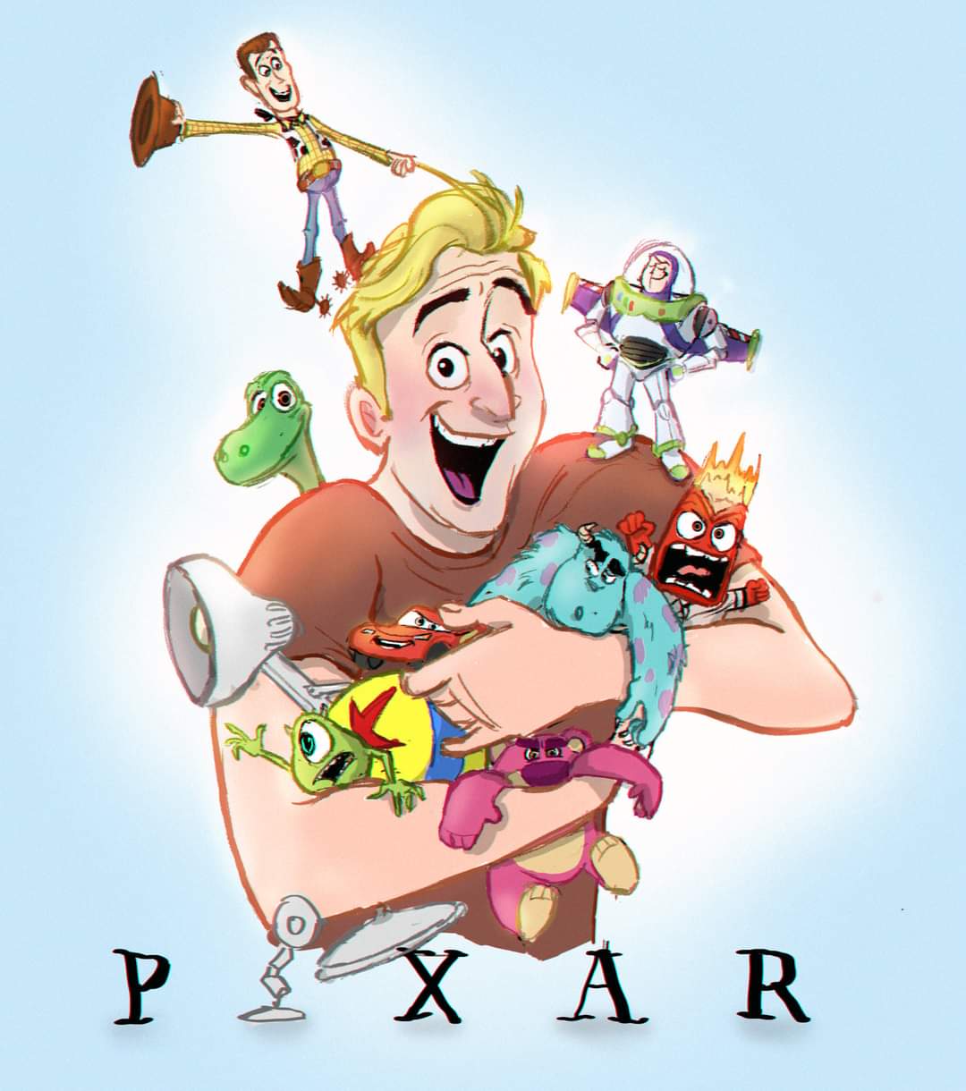 Illustration of an Animation student surrounded by Pixar figures