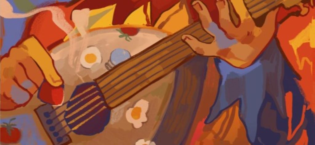 Artwork of hands holding a ukulele