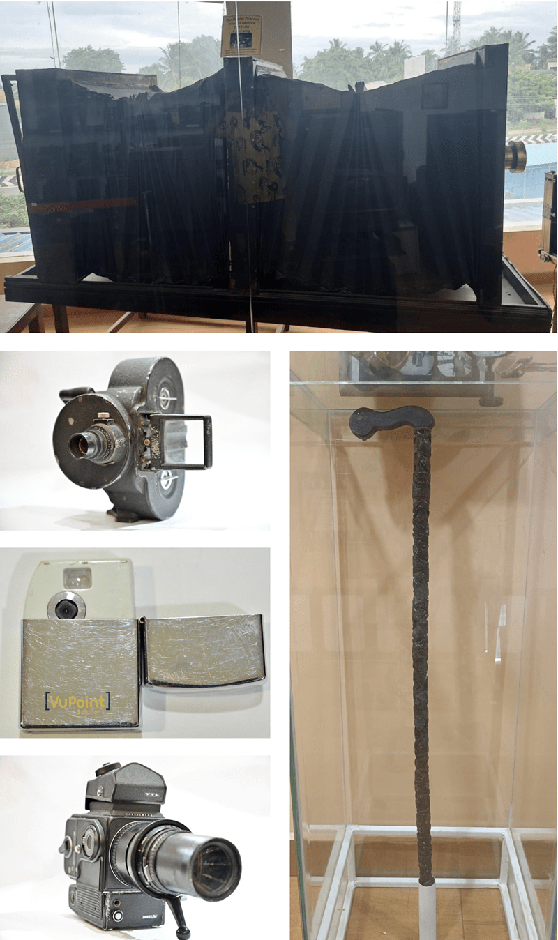 A photo collage of five unique cameras, including one that is 10 feet long, one that is shaped like a walking stick, one that is masked as a lighter, one for taking aerial photos and one model that was used to capture the first photos taken on the surface of the moon