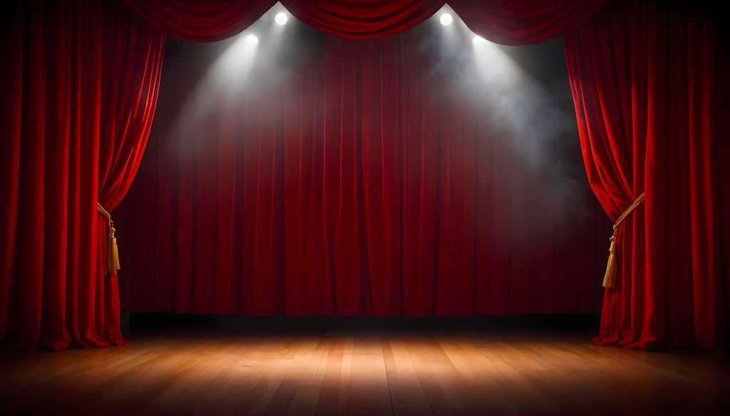 Lights shine on an empty theatre stage, with open red drapes.