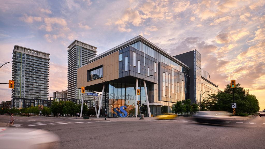 Exterior shot of the corner of Sheridan's Hazel McCallion Campus in Mississauga