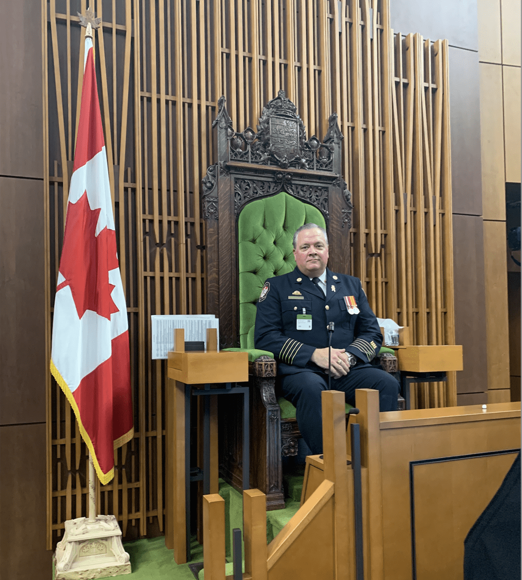 Town of Oakville Fire Chief Paul Boissonneault sits in the speaker's chair in the House of Commons