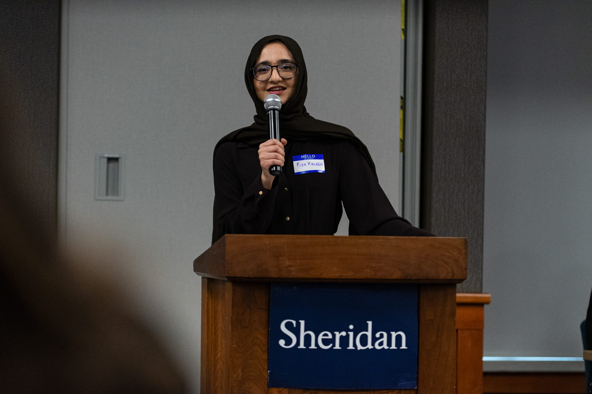 Pilon School of Business student, Fiza Kaleem delivers thank you speech during Sheridan's Co-op and Work-Integrated Learning Student of the Year Awards Ceremony