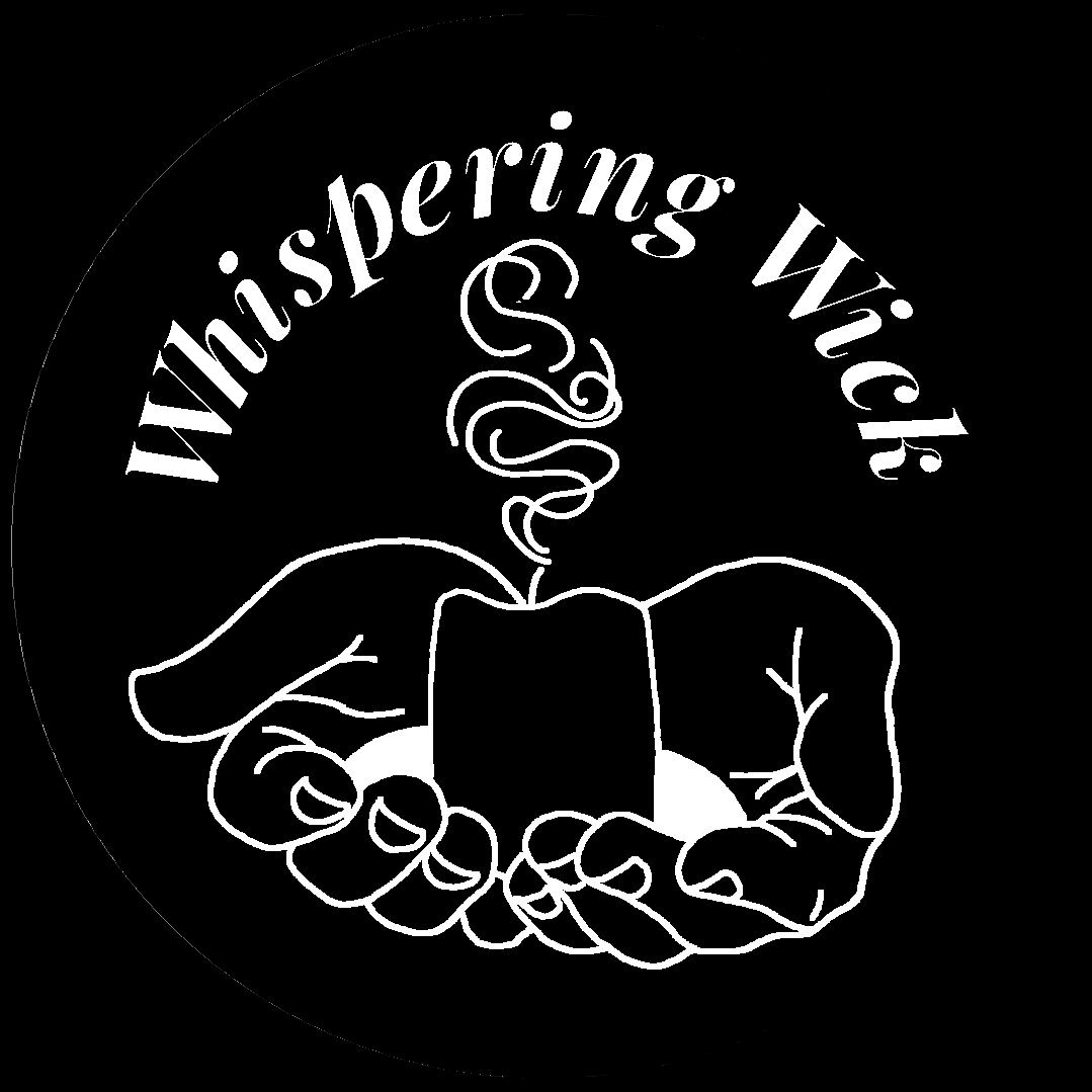 Whispering Wick text with two handles holding a burning candle