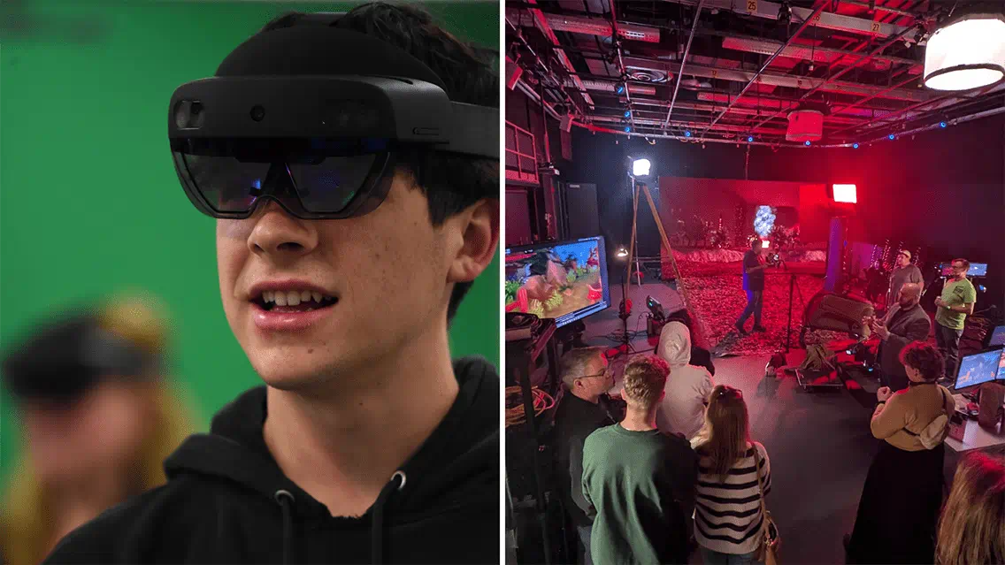On the left, a male wears a virtual reality headset. On the right, a group of Open House attendees watch a demonstration of the LED volume found at Sheridan's Trafalgar Road Campus