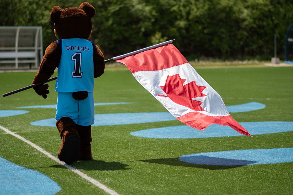 Sheridan's mascot Bruno walking across a field carrying a Canadian flag