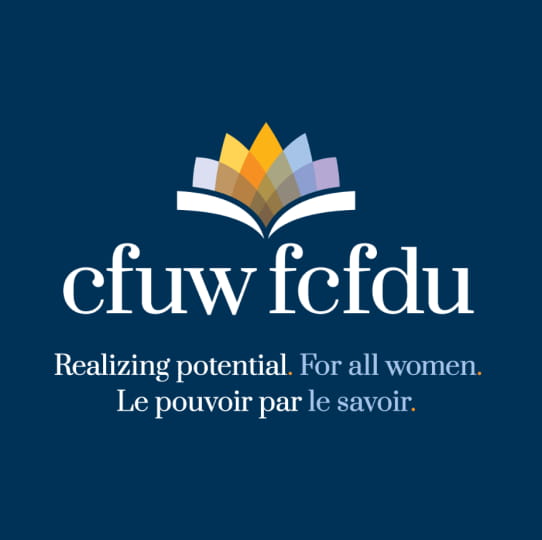 The CFUW logo, featuring a rainbow-coloured open book and a bilingual slogan 'Realizing potential. For all women'