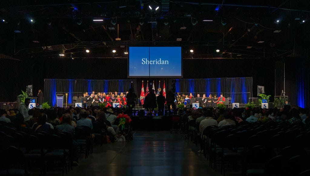 A wide shot of Sheridan's convocation hall.