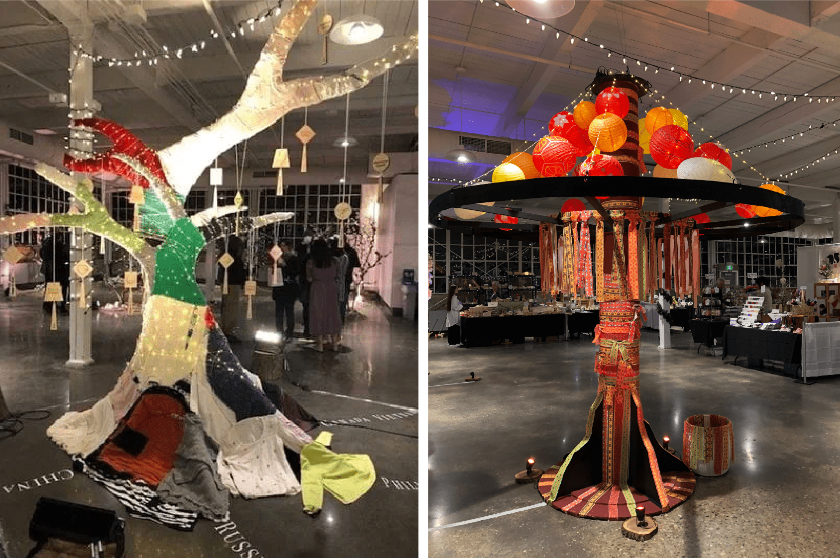Side by side photos of Sheridan Visual Merchandising Design student installations for the Festival of Trees from 2021 and 2023