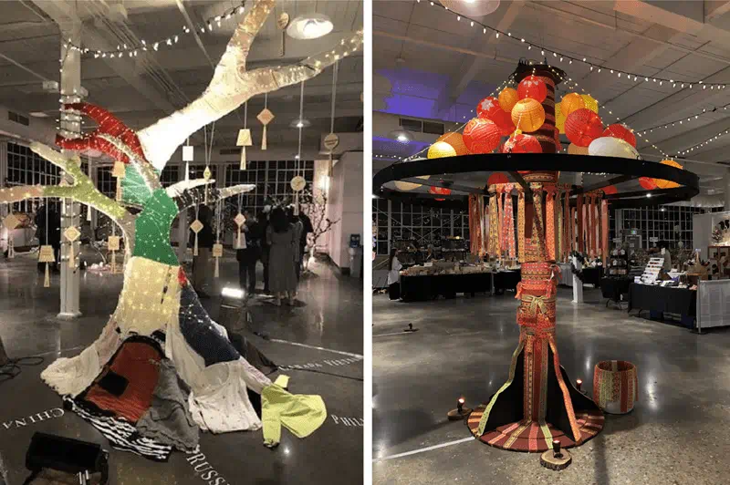 Side by side photos of Sheridan Visual Merchandising Design student installations for the Festival of Trees from 2021 and 2023