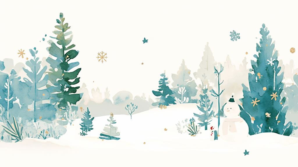 A winter landscape with trees, snow and a snowman